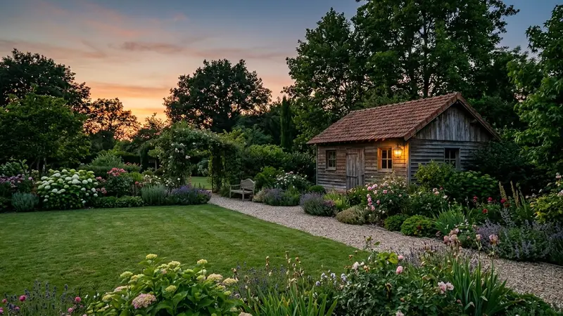 Jardin français au crépuscule avec pelouse tondue, abri de jardin en bois et lampe extérieure allumée en fond, ambiance calme de fin de journée d'été sans animal visible