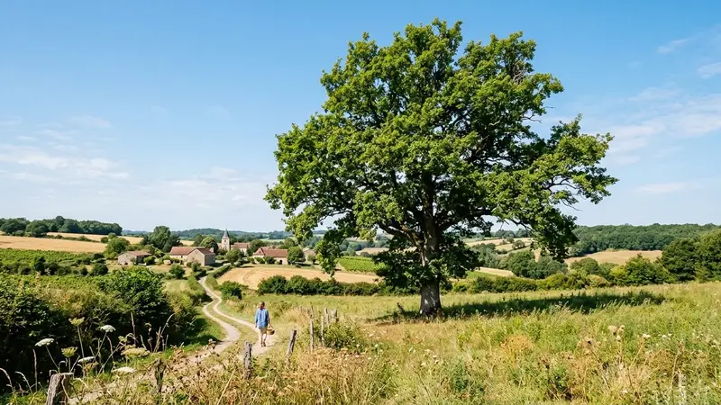Vue d'un grand arbre feuillu français en fin d'été avec cime dégagée sous ciel bleu clair, ambiance calme de campagne sans insecte visible et lumière naturelle de fin de matinée