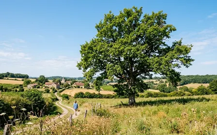 Vue d'un grand arbre feuillu français en fin d'été avec cime dégagée sous ciel bleu clair, ambiance calme de campagne sans insecte visible et lumière naturelle de fin de matinée
