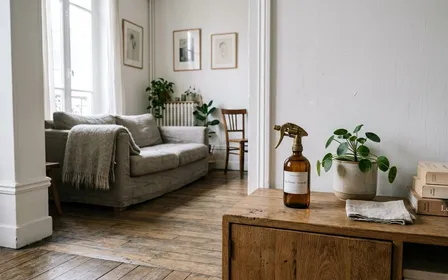 Intérieur français d'appartement clair avec mur blanc, plinthe visible et vaporisateur posé sur un meuble bas, ambiance calme lumière naturelle de fin de matinée