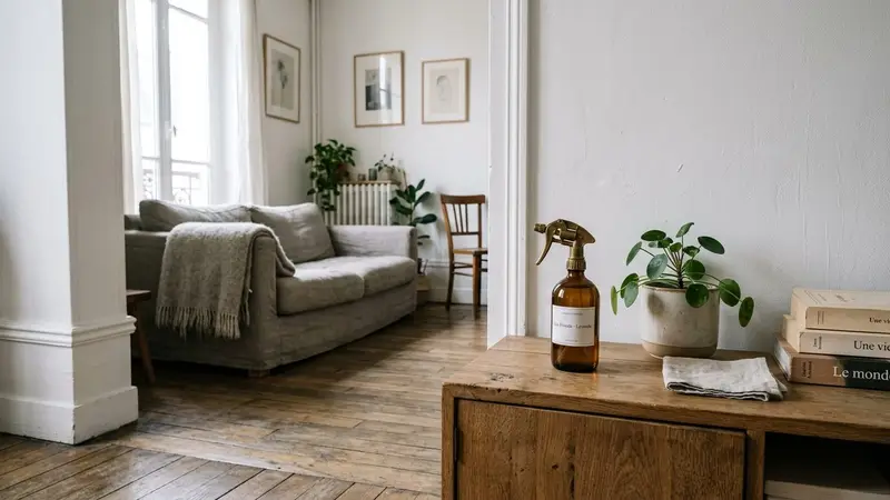 Intérieur français d'appartement clair avec mur blanc, plinthe visible et vaporisateur posé sur un meuble bas, ambiance calme lumière naturelle de fin de matinée