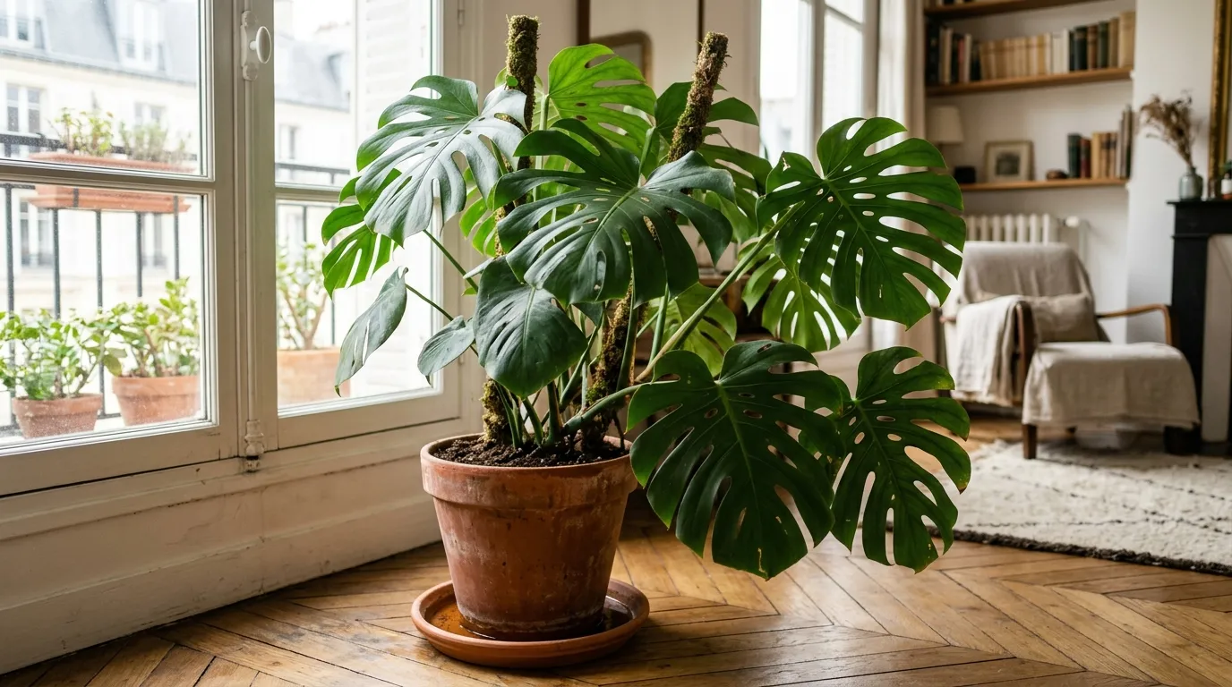 Plante d'intérieur verte luxuriante en pot de terre cuite sur rebord de fenêtre avec terreau humide visible et lumière douce du matin