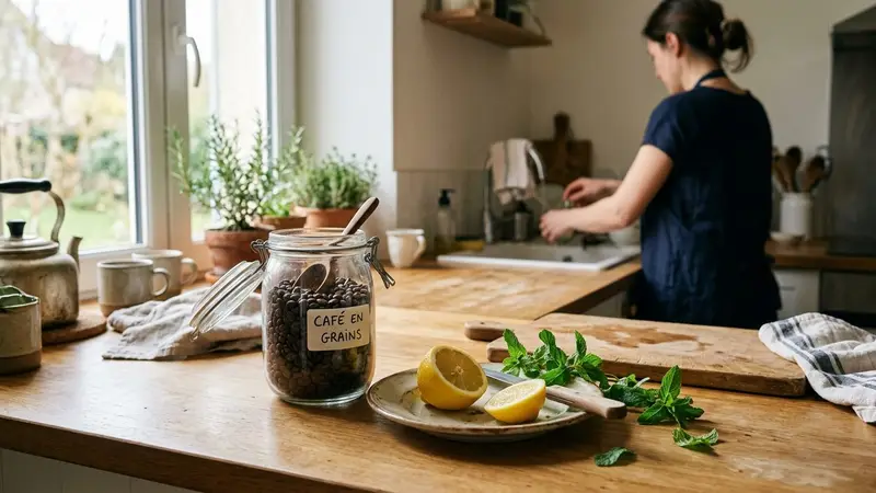 Comptoir de cuisine française avec bocal de café en grains ouvert, citron coupé et brins de menthe posés dans une ambiance sobre et lumineuse de fin de matinée