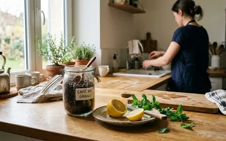 Comptoir de cuisine française avec bocal de café en grains ouvert, citron coupé et brins de menthe posés dans une ambiance sobre et lumineuse de fin de matinée