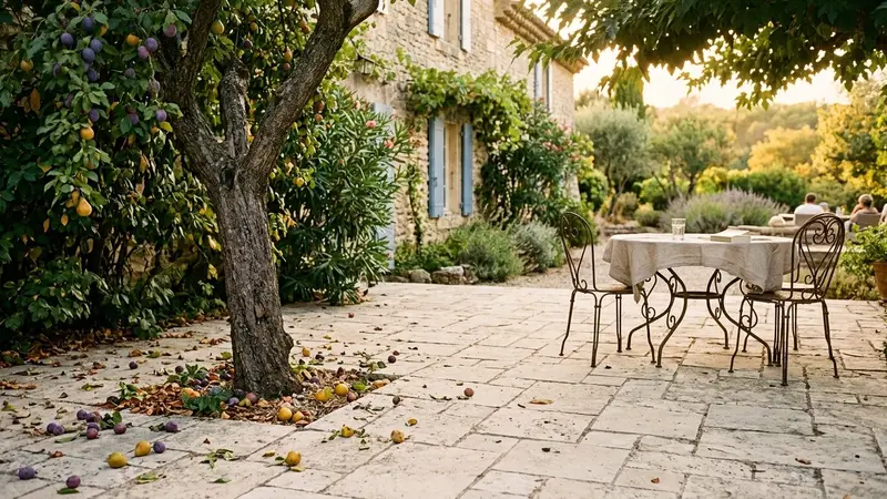 Terrasse française en fin d'été avec dallage clair et pied d'arbre fruitier visible en angle, avec fruits mûrs tombés au sol sous ambiance calme et lumière chaude de fin d'après-midi