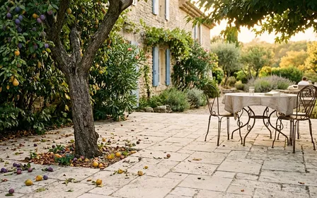 Terrasse française en fin d'été avec dallage clair et pied d'arbre fruitier visible en angle, avec fruits mûrs tombés au sol sous ambiance calme et lumière chaude de fin d'après-midi