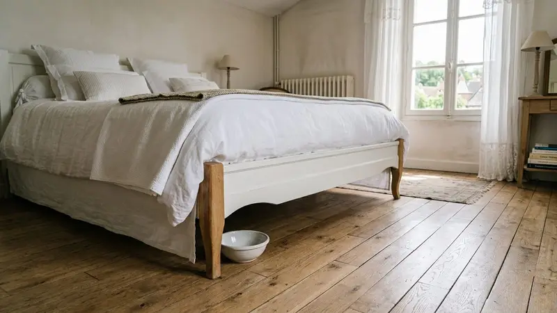 Chambre française claire avec lit blanc fait, pied de lit visible en gros plan sur parquet clair et coupelle blanche posée dessous, ambiance sobre lumière naturelle de fin de matinée