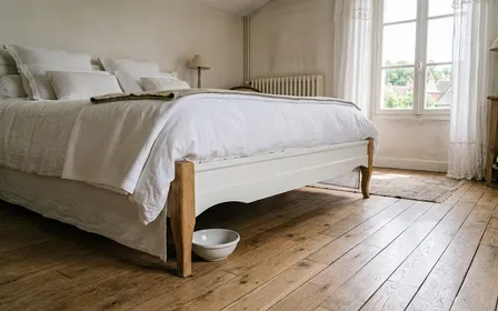 Chambre française claire avec lit blanc fait, pied de lit visible en gros plan sur parquet clair et coupelle blanche posée dessous, ambiance sobre lumière naturelle de fin de matinée