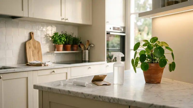 Cuisine moderne propre et lumineuse avec gel insecticide en seringue posé sur un plan de travail blanc et boîte à pièges en arrière-plan
