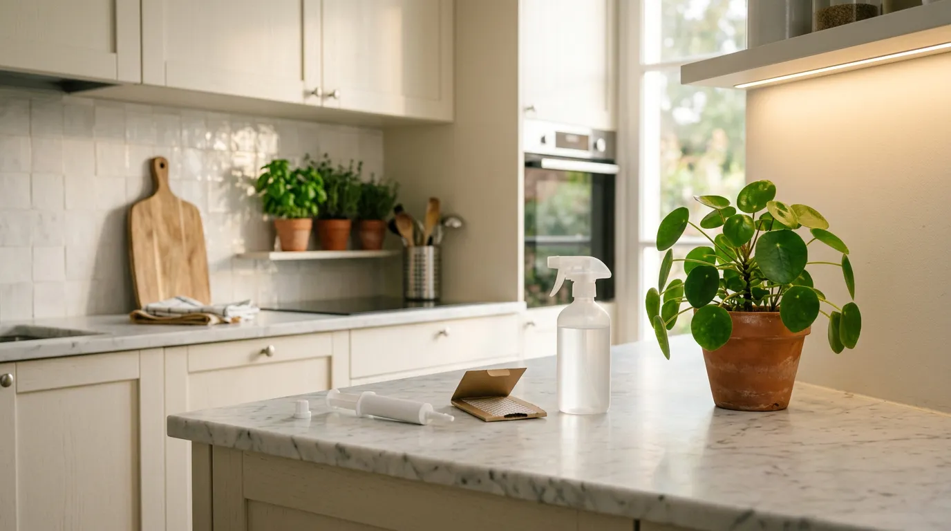 Cuisine moderne propre et lumineuse avec gel insecticide en seringue posé sur un plan de travail blanc et boîte à pièges en arrière-plan