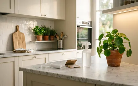 Cuisine moderne propre et lumineuse avec gel insecticide en seringue posé sur un plan de travail blanc et boîte à pièges en arrière-plan