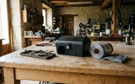 Table en bois clair française avec piège mécanique métallique, boîte plastique d'appâtage sécurisée et rouleau de laine d'acier posés dans une ambiance sobre et lumineuse de fin de matinée