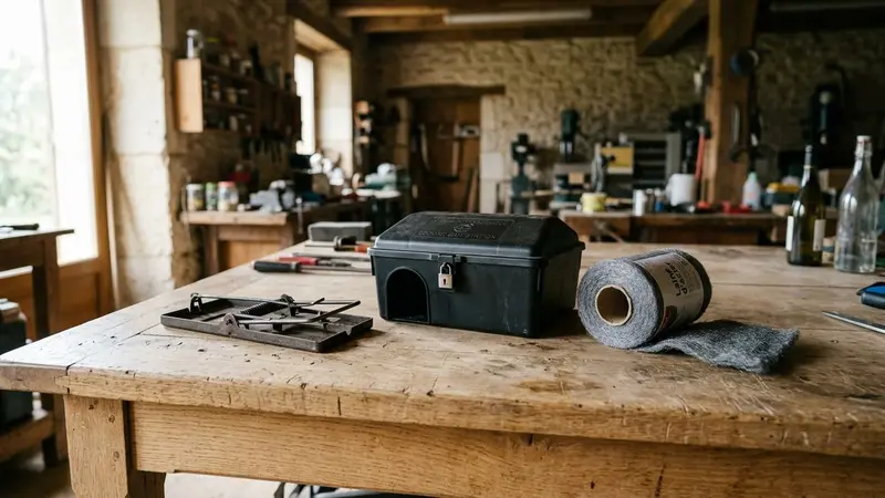 Table en bois clair française avec piège mécanique métallique, boîte plastique d'appâtage sécurisée et rouleau de laine d'acier posés dans une ambiance sobre et lumineuse de fin de matinée