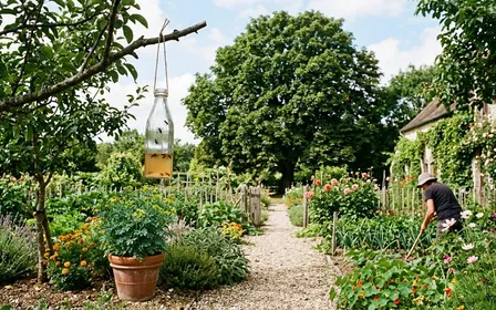 Jardin français en fin d'été avec grand arbre feuillu en fond, bouteille piège transparente accrochée à une branche basse et pot de plante répulsive au sol, ambiance calme lumière chaude de fin de matinée