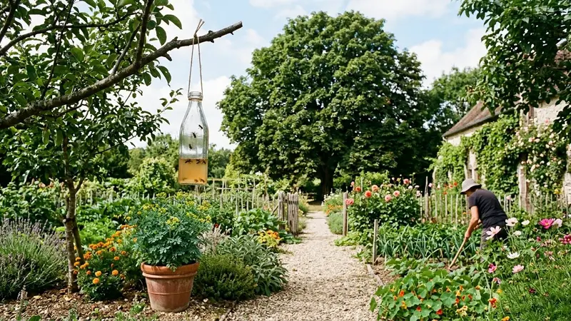 Jardin français en fin d'été avec grand arbre feuillu en fond, bouteille piège transparente accrochée à une branche basse et pot de plante répulsive au sol, ambiance calme lumière chaude de fin de matinée