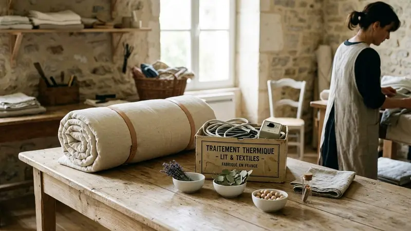 Table en bois clair française avec matelas roulé, boîte de traitement thermique, poudre de terre de diatomée en pot et petites coupelles blanches posées, ambiance sobre lumière naturelle de fin de matinée