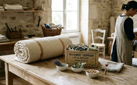 Table en bois clair française avec matelas roulé, boîte de traitement thermique, poudre de terre de diatomée en pot et petites coupelles blanches posées, ambiance sobre lumière naturelle de fin de matinée