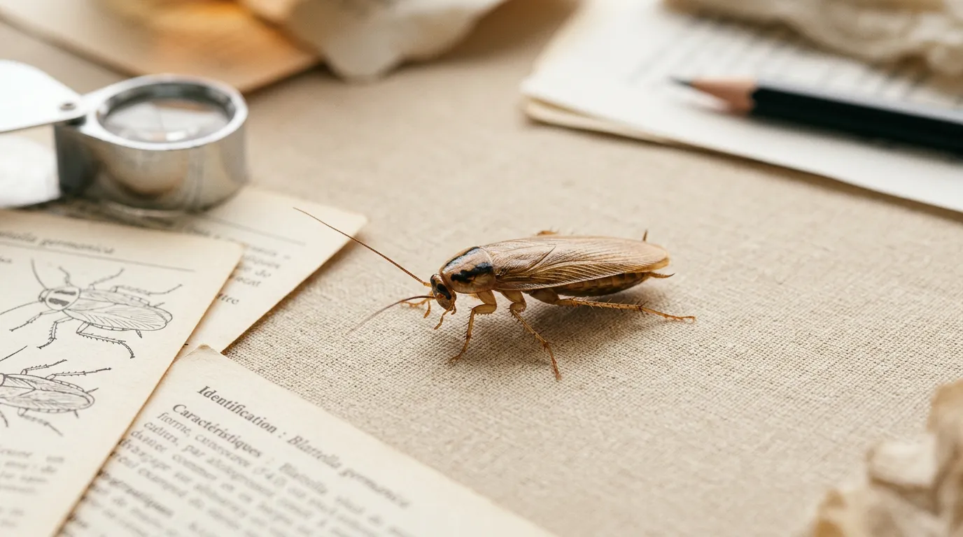 Plan rapproché éducatif d'une blatte germanique adulte brun-clair sur fond blanc avec étiquette scientifique floue en arrière-plan
