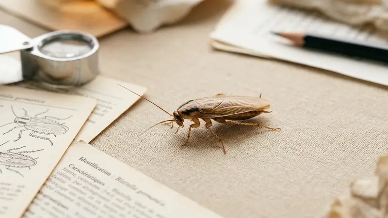 Plan rapproché éducatif d'une blatte germanique adulte brun-clair sur fond blanc avec étiquette scientifique floue en arrière-plan