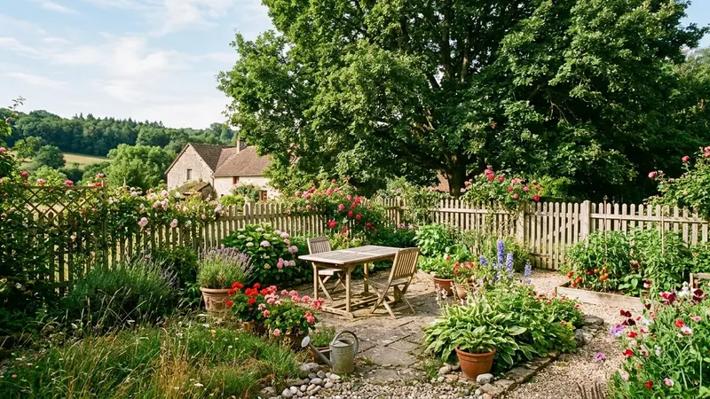 Jardin familial français en été avec grand arbre feuillu en fond, table de jardin dégagée et clôture en bois clair visible, ambiance calme sans insecte visible et lumière chaude de fin de matinée