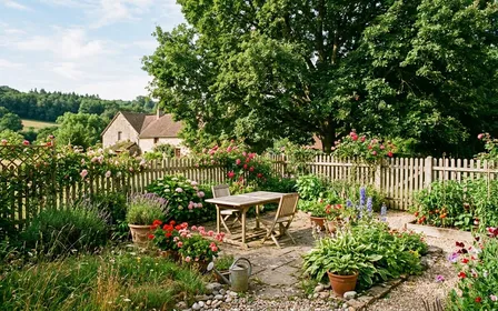 Jardin familial français en été avec grand arbre feuillu en fond, table de jardin dégagée et clôture en bois clair visible, ambiance calme sans insecte visible et lumière chaude de fin de matinée