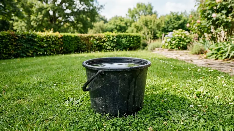 Seau en plastique noir rempli d'eau posé au sol dans un jardin français avec pelouse tondue et haie basse en fond, ambiance calme lumière naturelle de fin de matinée sans insecte visible