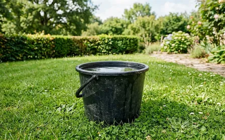 Seau en plastique noir rempli d'eau posé au sol dans un jardin français avec pelouse tondue et haie basse en fond, ambiance calme lumière naturelle de fin de matinée sans insecte visible