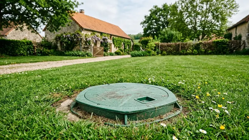Regard extérieur en plastique vert fermé dans une pelouse française avec herbe rase autour, ambiance calme lumière naturelle de fin de matinée sans animal visible