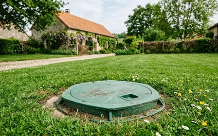 Regard extérieur en plastique vert fermé dans une pelouse française avec herbe rase autour, ambiance calme lumière naturelle de fin de matinée sans animal visible