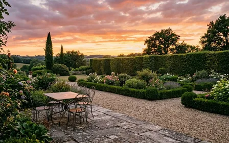 Jardin français en fin de journée d'été avec ciel orangé du crépuscule, table de jardin dégagée et haie en fond, ambiance calme lumière chaude déclinante sans insecte visible