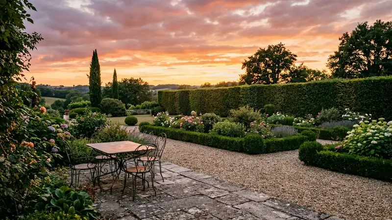 Jardin français en fin de journée d'été avec ciel orangé du crépuscule, table de jardin dégagée et haie en fond, ambiance calme lumière chaude déclinante sans insecte visible