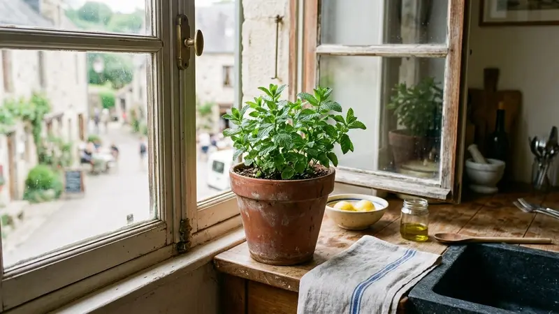 Pot de menthe poivrée en terre cuite posé sur le rebord d'une fenêtre de cuisine française claire avec plan de travail en bois visible en arrière-plan, ambiance sobre lumière naturelle de fin de matinée