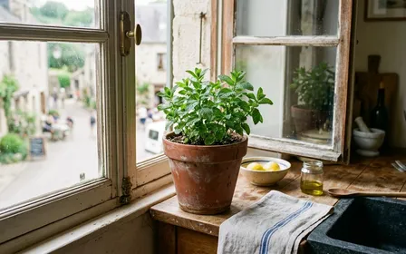 Pot de menthe poivrée en terre cuite posé sur le rebord d'une fenêtre de cuisine française claire avec plan de travail en bois visible en arrière-plan, ambiance sobre lumière naturelle de fin de matinée