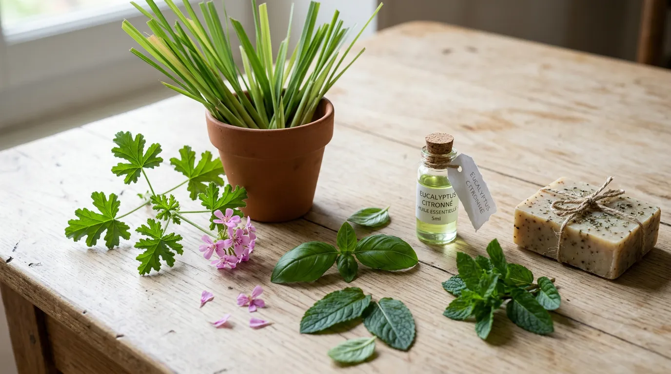 Composition naturelle sur table en bois avec citronnelle fraîche en pot, flacon d'huile essentielle d'eucalyptus citronné et géranium odorant sur fond clair