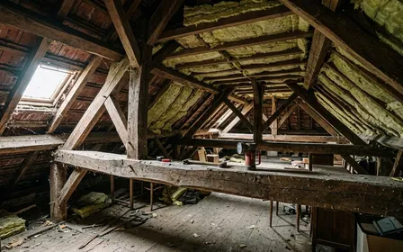 Grenier français ancien avec charpente bois apparente, isolation en laine de verre visible et lampe torche posée sur poutre, ambiance sobre lumière naturelle filtrée par lucarne en fin de matinée