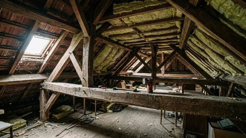 Grenier français ancien avec charpente bois apparente, isolation en laine de verre visible et lampe torche posée sur poutre, ambiance sobre lumière naturelle filtrée par lucarne en fin de matinée