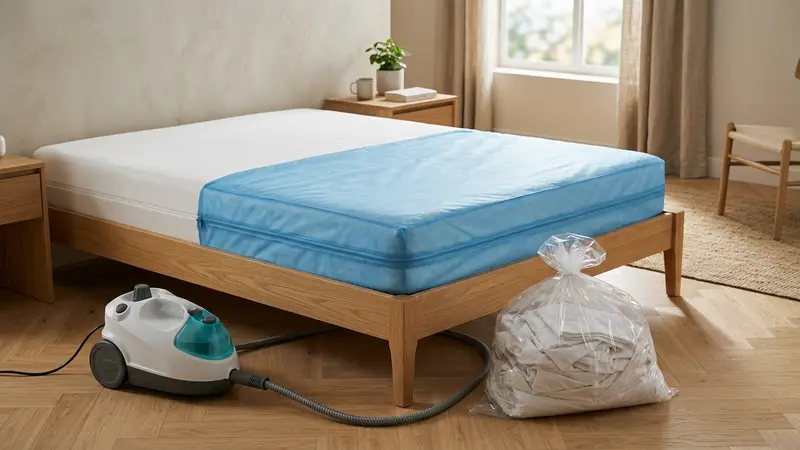Lit dépoussiéré avec matelas blanc retourné et housse anti-punaises bleue claire dans une chambre lumineuse propre