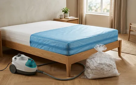 Lit dépoussiéré avec matelas blanc retourné et housse anti-punaises bleue claire dans une chambre lumineuse propre