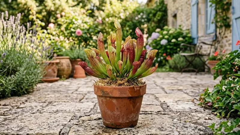 Plante carnivore Sarracenia purpurea dans un pot en terre cuite posé sur une terrasse française en été avec feuilles en tube colorées rouge et vert, ambiance jardin lumière naturelle de fin de matinée