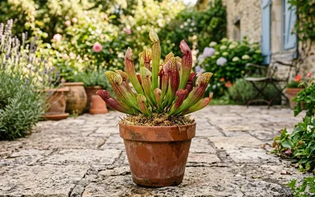 Plante carnivore Sarracenia purpurea dans un pot en terre cuite posé sur une terrasse française en été avec feuilles en tube colorées rouge et vert, ambiance jardin lumière naturelle de fin de matinée