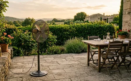 Ventilateur sur pied posé au sol d'une terrasse française en fin de journée d'été avec table à manger dégagée et ambiance chaude déclinante sans insecte visible