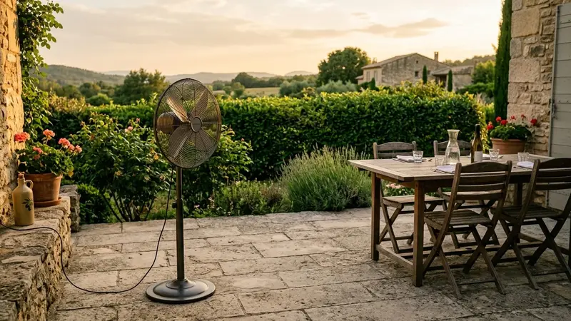 Ventilateur sur pied posé au sol d'une terrasse française en fin de journée d'été avec table à manger dégagée et ambiance chaude déclinante sans insecte visible