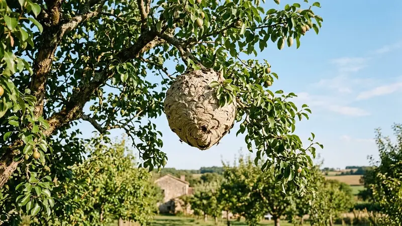 Nid globuleux de frelons asiatiques suspendu à un arbre fruitier français en été avec feuillage vert et lumière chaude de fin d'après-midi, ambiance jardin rural documentaire sans humain visible