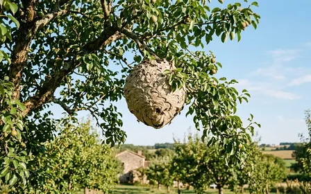 Nid globuleux de frelons asiatiques suspendu à un arbre fruitier français en été avec feuillage vert et lumière chaude de fin d'après-midi, ambiance jardin rural documentaire sans humain visible