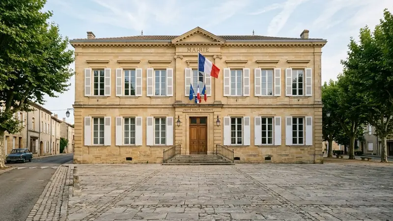 Façade de mairie française classique avec drapeau tricolore visible et parvis en pierre en fin de matinée d'été, ambiance calme documentaire sans passant visible