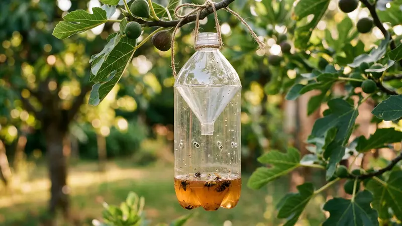 Piège DIY anti-frelons asiatiques en bouteille plastique recyclée modifiée avec entrée latérale et sortie en bas suspendu à un arbre