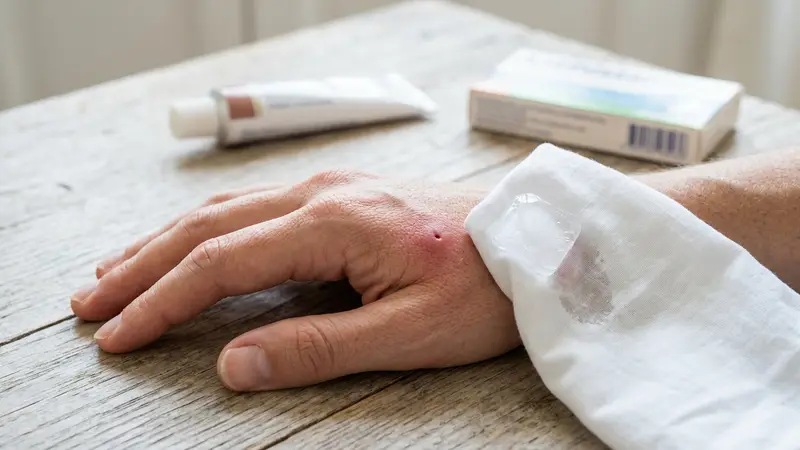 Main d'adulte avec piqûre de guêpe rouge et gonflée sur le dos en plan rapproché avec glace dans linge blanc visible
