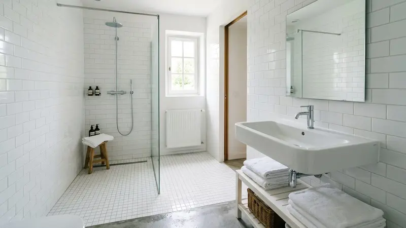 Salle de bain française claire moderne avec faïence blanche impeccable et lavabo en porcelaine, ambiance sobre lumière naturelle douce de fin de matinée, aucun humain ni insecte visible