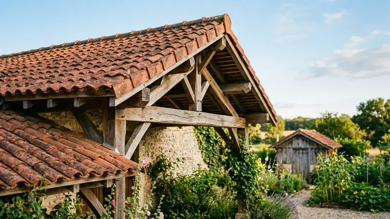 Avancée de toiture française en tuiles rouges avec charpente bois apparente et cabanon de jardin en fond, ambiance rurale calme lumière chaude de fin d'après-midi d'été, aucune personne ni insecte visible