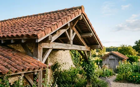 Avancée de toiture française en tuiles rouges avec charpente bois apparente et cabanon de jardin en fond, ambiance rurale calme lumière chaude de fin d'après-midi d'été, aucune personne ni insecte visible